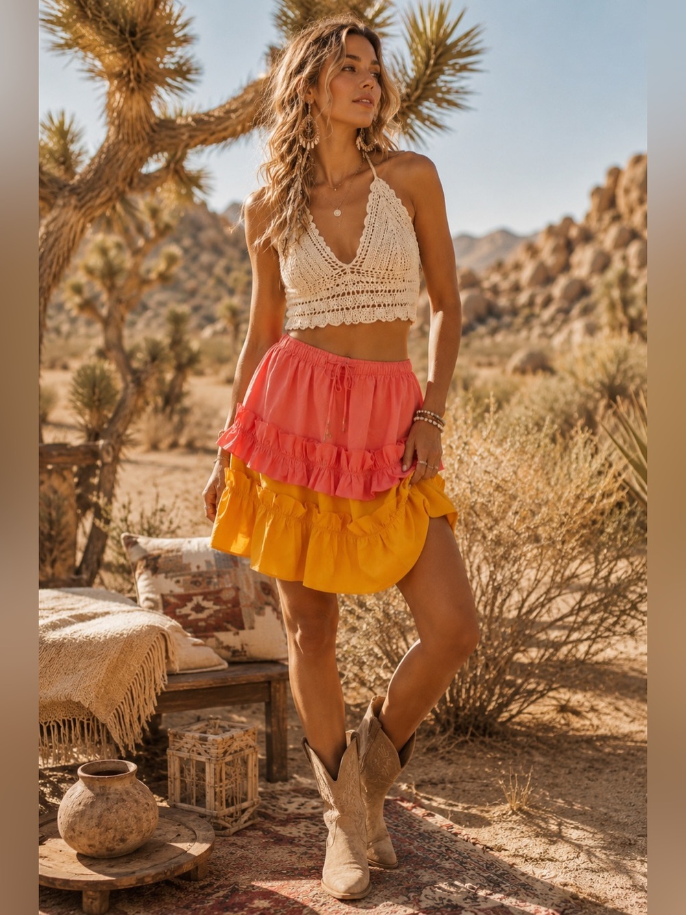 LDT Chloe Color Block Tiered Ruffle Tie Waist Mini Skirt Coral Yellow